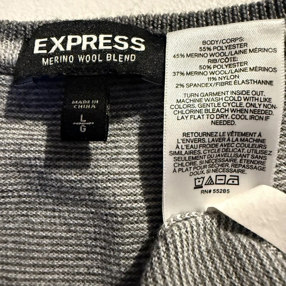 Express Merino‎ Wool Sweater Mens Large Grey Raglan Crew Neck Knit L preppy